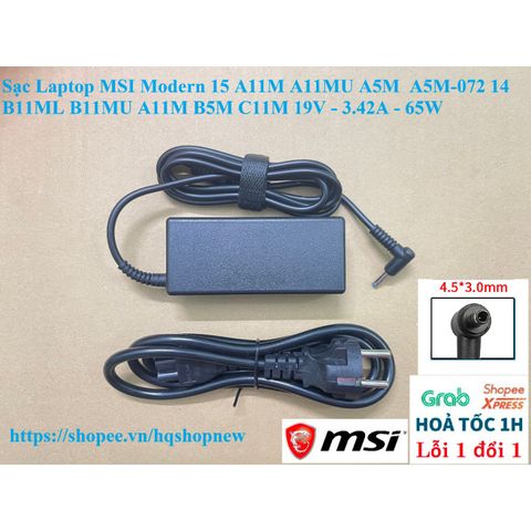 Sạc Laptop MSI Modern 15 A11M A11MU A5M 19V 3.42A 65W - Chính Hãng, An Toàn, Tiết Kiệm Năng Lượng, Hàng Mới 100%