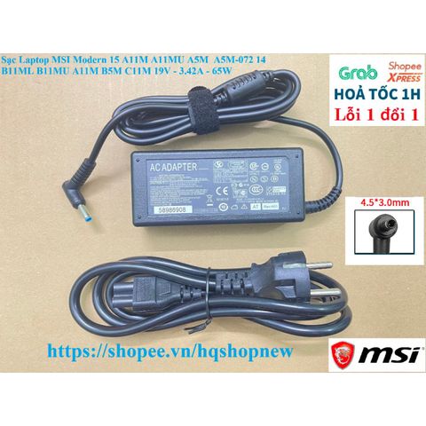 Sạc Laptop MSI Modern 15 A11M A11MU A5M 19V 3.42A 65W - Chính Hãng, An Toàn, Tiết Kiệm Năng Lượng, Hàng Mới 100%
