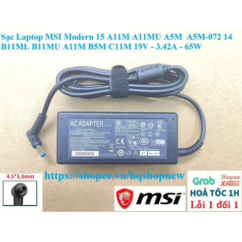 Sạc Laptop MSI Modern 15 A11M A11MU A5M 19V 3.42A 65W - Chính Hãng, An Toàn, Tiết Kiệm Năng Lượng, Hàng Mới 100%
