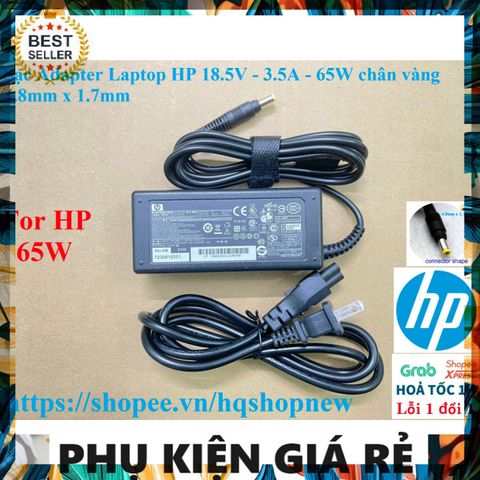Sạc Adapter Laptop HP 18.5V 3.5A 65W Chân Vàng 4.8mm x 1.7mm - Phụ Kiện Chính Hãng An Toàn và Hiệu Quả