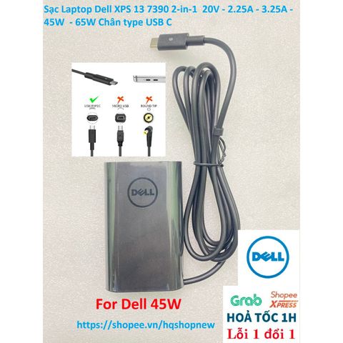 Sạc Laptop Dell XPS 13 7390  20V 3.25A - 65W - Chân USB C, Sạc Mới 100% Bảo Đảm Tương Thích