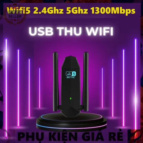 USB Wifi AC1300M Không Dây 2 Râu Kép - Tốc Độ 1300Mbps, Băng Tần Kép 2.4Ghz & 5Ghz, Phụ Kiện Giả Rẻ Cho PC và Laptop