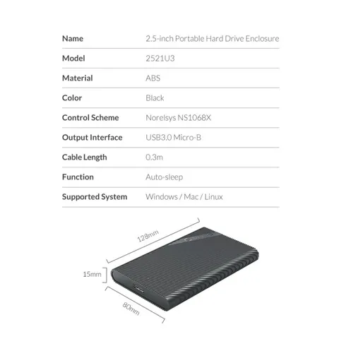 Hộp Đựng Ổ Cứng 2.5 inch Orico 2521U3 USB 3.0 Chính Hãng - Tốc độ 5Gb/s, Hỗ trợ tối đa 6TB, Bảo hành 12 tháng