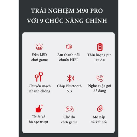 Tai Nghe Bluetooth 5.3 M90 Pro TWS - Thiết Kế Mới, Cảm Biến Vân Tay, Màn Hình LED, Chống Nước, Âm Thanh HIFI, Sạc Type-C