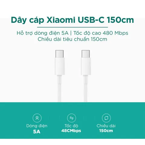Dây Sạc USB Type C Chính Hãng Xiaomi 5A Tốc Độ Cao 480Mbps Dài 1.5M - Phụ Kiện Giá Rẻ Tiện Lợi Cho Mọi Thiết Bị