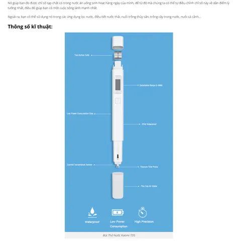 Bút Thử Nước TDS Xiaomi - Kiểm Tra Độ Sạch Nước Uống, Kết Quả Nhanh 2s, Dễ Sử Dụng, Thiết Bị Chăm Sóc Sức Khỏe Thông Minh