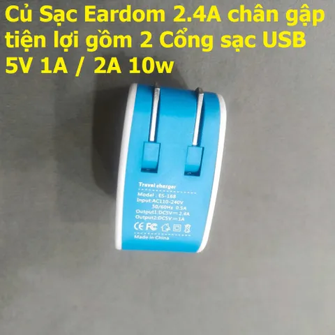 Củ Sạc Eardom 2.4A Chân Gập Tiện Lợi - Sạc Đôi USB 5V 1A / 2A 10W Cho Điện Thoại - Phụ Kiện Giá Rẻ Thông Minh