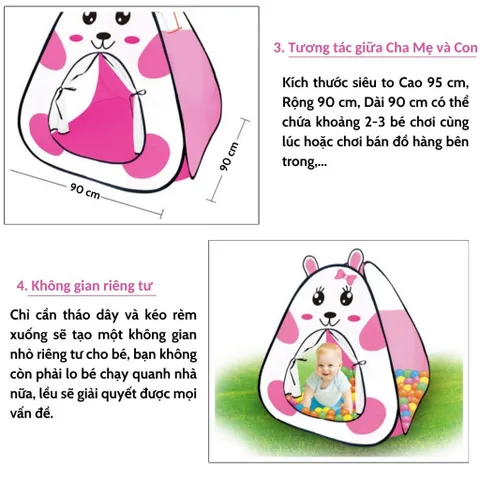 Lều đồ chơi cho bé gái, họa tiết tai thỏ, sức chứa 2-3 bé, lều tự bung, đồ chơi cắm trại