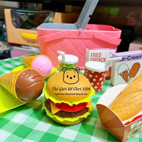 Giỏ Xách Đồ Chơi Dã Ngoại Hamburger 28 Món Màu Hồng - Trò Chơi Giả Lập Kích Thích Sáng Tạo Cho Bé 3 Tuổi Trở Lên