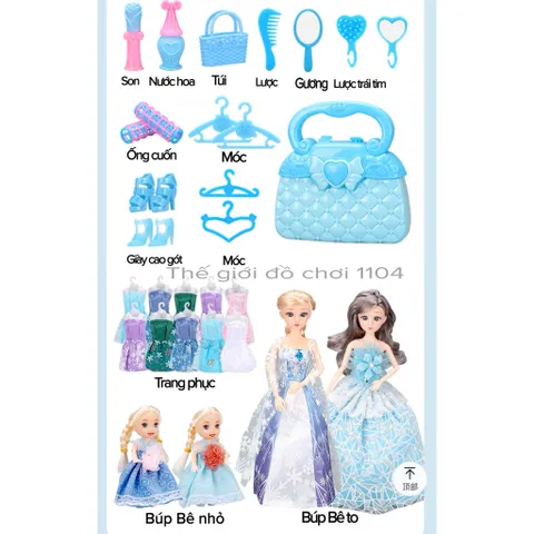 Bộ đồ chơi búp bê Elsa mã 125-73, hộp to, kèm nhiều quần áo và phụ kiện trang điểm cho bé, thế giới đồ chơi 1104