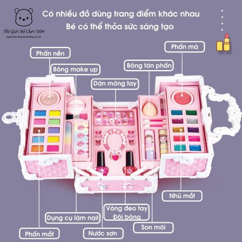 Bộ đồ chơi trang điểm cho bé gái - Hộp trang điểm có gương an toàn, vali xinh xắn, đồ chơi làm đẹp phát triển trí tưởng tượng