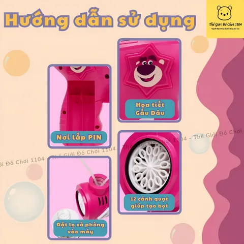 Đồ chơi bắn bong bóng gấu dâu, máy thổi bong bóng xà phòng Lotso, thế giới đồ chơi 1104