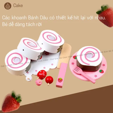 Hộp đồ chơi trà bánh tráng miệng bằng gỗ 50 chi tiết set đồ chơi nấu ăn bằng gỗ họa tiết trái dâu thegioidochoi1104