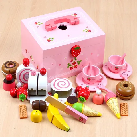Hộp đồ chơi trà bánh tráng miệng bằng gỗ 50 chi tiết set đồ chơi nấu ăn bằng gỗ họa tiết trái dâu thegioidochoi1104