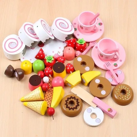 Hộp đồ chơi trà bánh tráng miệng bằng gỗ 50 chi tiết set đồ chơi nấu ăn bằng gỗ họa tiết trái dâu thegioidochoi1104