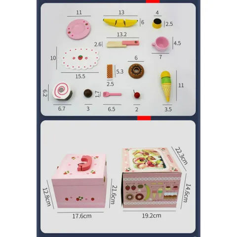 Hộp đồ chơi trà bánh tráng miệng bằng gỗ 50 chi tiết set đồ chơi nấu ăn bằng gỗ họa tiết trái dâu thegioidochoi1104