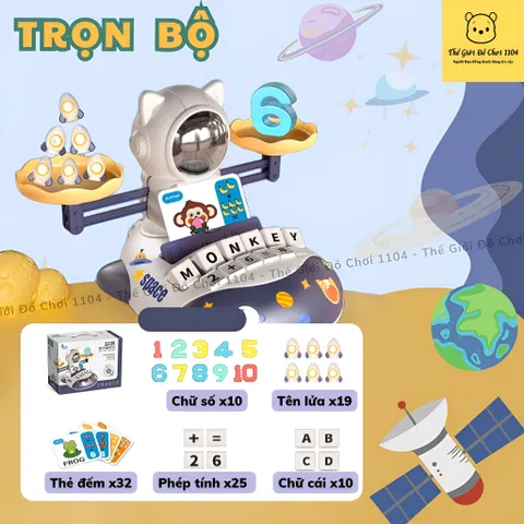 Bàn cân toán học thăng bằng Mèo phi hành gia kèm bộ chữ cái đồ chơi toán học phát triển tư duy cho bé
