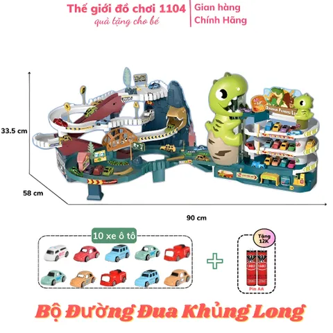 Đồ chơi bãi đậu xe ô tô khủng long xanh HomeKey kèm 10 xe kết hợp với đường hầm khủng long