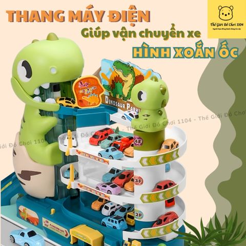 Đồ chơi bãi đậu xe ô tô khủng long xanh HomeKey kèm 10 xe kết hợp với đường hầm khủng long