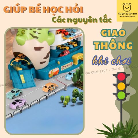 Đồ chơi bãi đậu xe ô tô khủng long xanh HomeKey kèm 10 xe kết hợp với đường hầm khủng long