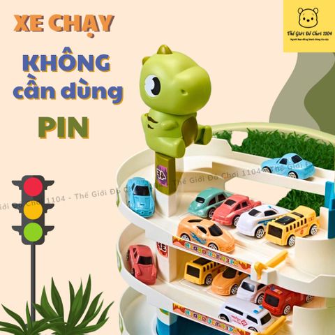 Đồ chơi bãi đậu xe ô tô khủng long xanh HomeKey kèm 10 xe kết hợp với đường hầm khủng long