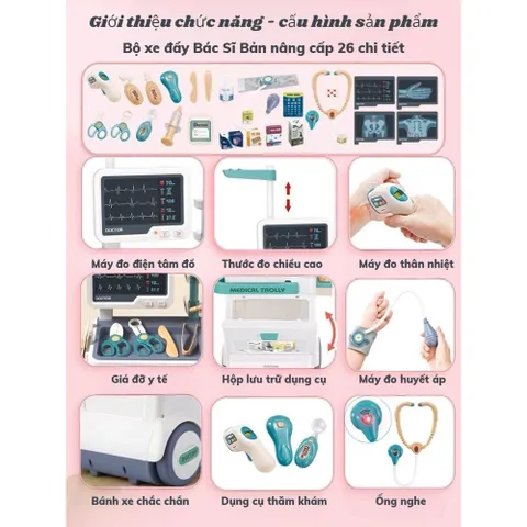 Đồ chơi xe đẩy bác sĩ cao cấp phiên bản Nâng Cấp 26 chi tiết đồ chơi nhập vai định hướng tương lại cho bé