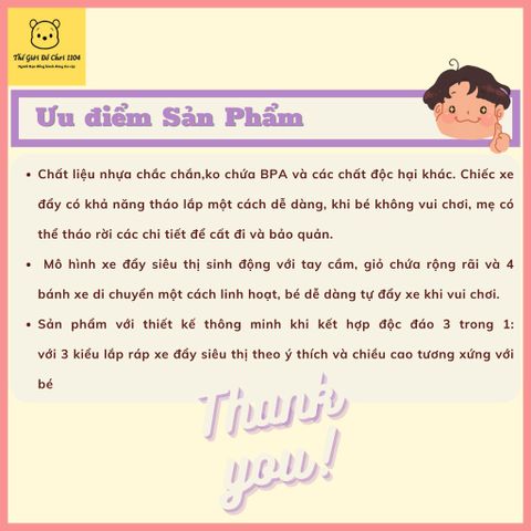 Đồ chơi xe đẩy siêu thị cho bé cỡ lớn 35 chi tiết 3 chế độ lắp ráp theo chiều cao của bé