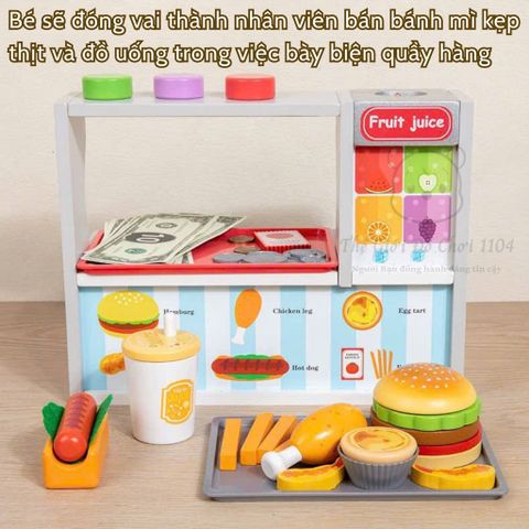 Bộ bếp gỗ cao cấp nấu thức ăn, đồ chơi quầy bán thức nhanh cho bé