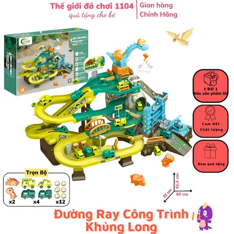 Bộ Đường đua khủng long kết hợp công trình xây dựng kèm 4 xe 2 khủng long có nhạc