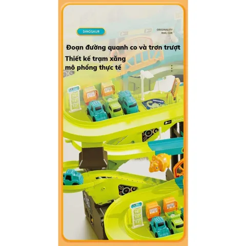 Bộ Đường đua khủng long kết hợp công trình xây dựng kèm 4 xe 2 khủng long có nhạc
