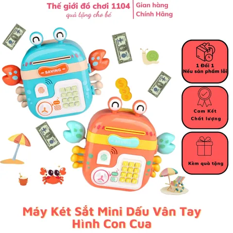 Két sắt mini có dấu vân tay hình Con Cua hộp đựng tiền tiết kiệm kèm dây đeo và xu