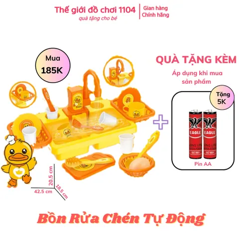 Đồ chơi bồn rửa chén bát tự động Vịt Vàng 19 chi tiết, sử dụng pin, vòi sen xoay 90 độ, thegioidochoi1104