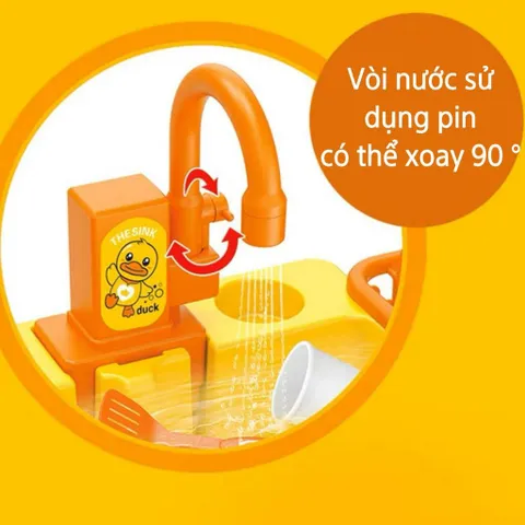 Đồ chơi bồn rửa chén bát tự động Vịt Vàng 19 chi tiết, sử dụng pin, vòi sen xoay 90 độ, thegioidochoi1104