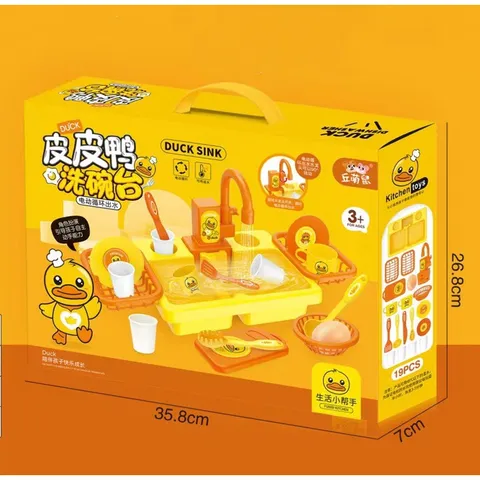 Đồ chơi bồn rửa chén bát tự động Vịt Vàng 19 chi tiết, sử dụng pin, vòi sen xoay 90 độ, thegioidochoi1104