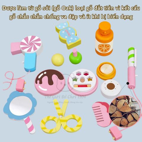 Hộp Vali Trang Điểm Gỗ Cao Cấp 11 Chi Tiết Họa Tiết Kẹo Ngọt - Đồ Chơi Make Up Cho Bé Gái 3 Tuổi