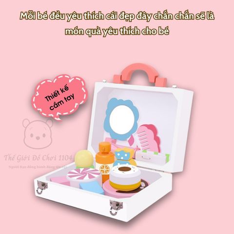 Hộp Vali Trang Điểm Gỗ Cao Cấp 11 Chi Tiết Họa Tiết Kẹo Ngọt - Đồ Chơi Make Up Cho Bé Gái 3 Tuổi