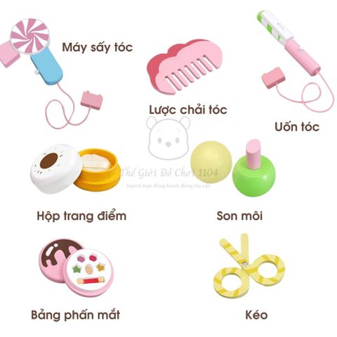 Hộp Vali Trang Điểm Gỗ Cao Cấp 11 Chi Tiết Họa Tiết Kẹo Ngọt - Đồ Chơi Make Up Cho Bé Gái 3 Tuổi