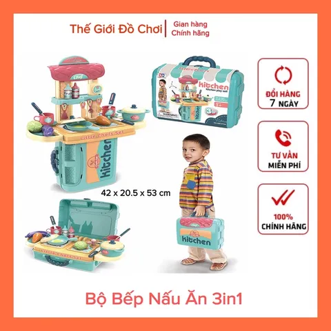Bộ đồ chơi vali bếp nấu ăn cho bé 3in1 màu xanh cao cấp kích thước to tphcm