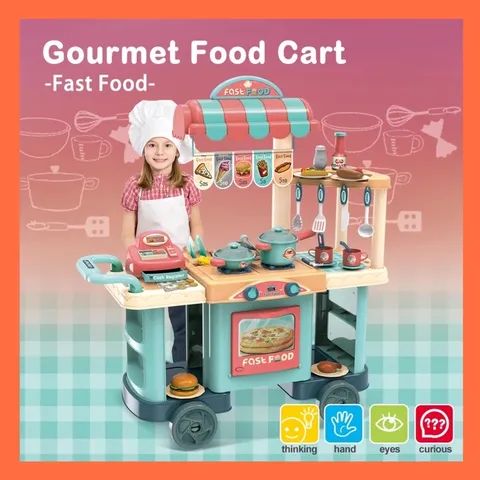 Đồ chơi nấu ăn cho bé mô phổng xe đẩy thức ăn nhanh Fast Food 58 chi tiết, cao 90 cm, thế giới đồ chơi 1104