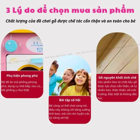 Bộ Đồ Chơi Nhà Bếp Bằng Gỗ - Dụng Cụ Nấu Ăn Nhập Vai Giúp Bé Phát Triển Trí Tuệ và Khả Năng Tư Duy, Màu Hồng Xinh Xắn