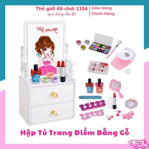 Tủ Trang Điểm Mini Bằng Gỗ Có Gương & Máy Sấy Móng Tay - Đồ Chơi Làm Nail Cho Bé Từ 3 Tuổi