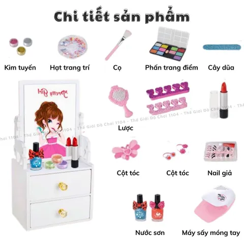 Tủ Trang Điểm Mini Bằng Gỗ Có Gương & Máy Sấy Móng Tay - Đồ Chơi Làm Nail Cho Bé Từ 3 Tuổi