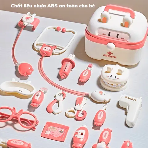 Hộp đồ chơi bác sĩ hình thỏ cao cấp 14 chi tiết cho bé trai, bé gái từ 3 tuổi - Đồ chơi giáo dục mô phỏng nghề bác sĩ vui nhộn