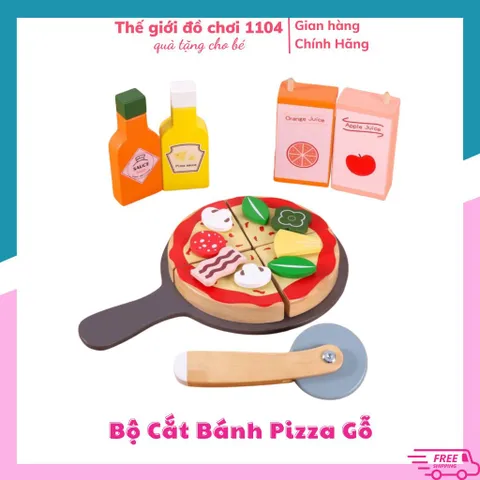 Bộ đồ chơi pizza bằng gỗ kèm dụng cụ cắt bánh Noble 18 chi tiết, đồ chơi gỗ cao cấp