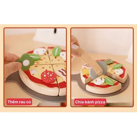 Bộ đồ chơi pizza bằng gỗ kèm dụng cụ cắt bánh Noble 18 chi tiết, đồ chơi gỗ cao cấp