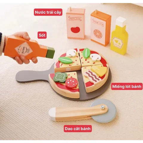 Bộ đồ chơi pizza bằng gỗ kèm dụng cụ cắt bánh Noble 18 chi tiết, đồ chơi gỗ cao cấp
