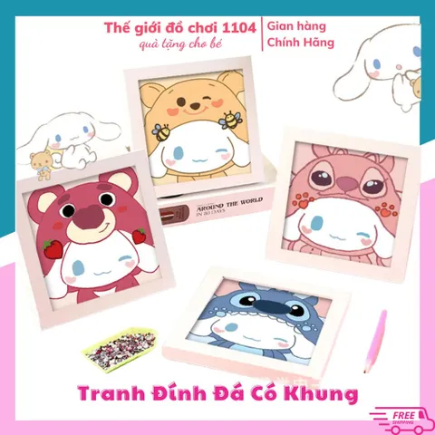 Tranh đính đá gấu dâu kèm khung Bộ tranh gắn đá DIY tự làm rèn luyện tính kiên trì cho bé