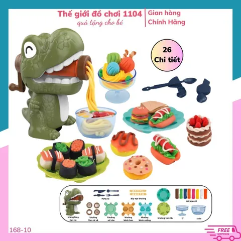 Đồ chơi đất nặn làm mì, khủng long Fancy Clay, 26 chi tiết kèm khuông và đất sét, thế giới đồ chơi 1104