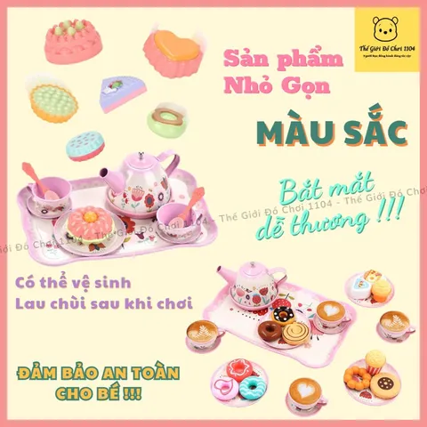 Bộ Đồ Chơi Tiệc Trà Bánh Họa Tiết Hoa 46 Chi Tiết - Vali Trà Kèm Tháp Bánh An Toàn Cho Bé Từ 2 Tuổi