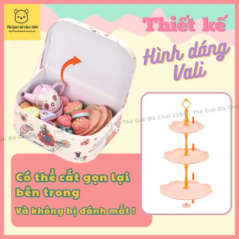 Bộ Đồ Chơi Tiệc Trà Bánh Họa Tiết Hoa 46 Chi Tiết - Vali Trà Kèm Tháp Bánh An Toàn Cho Bé Từ 2 Tuổi